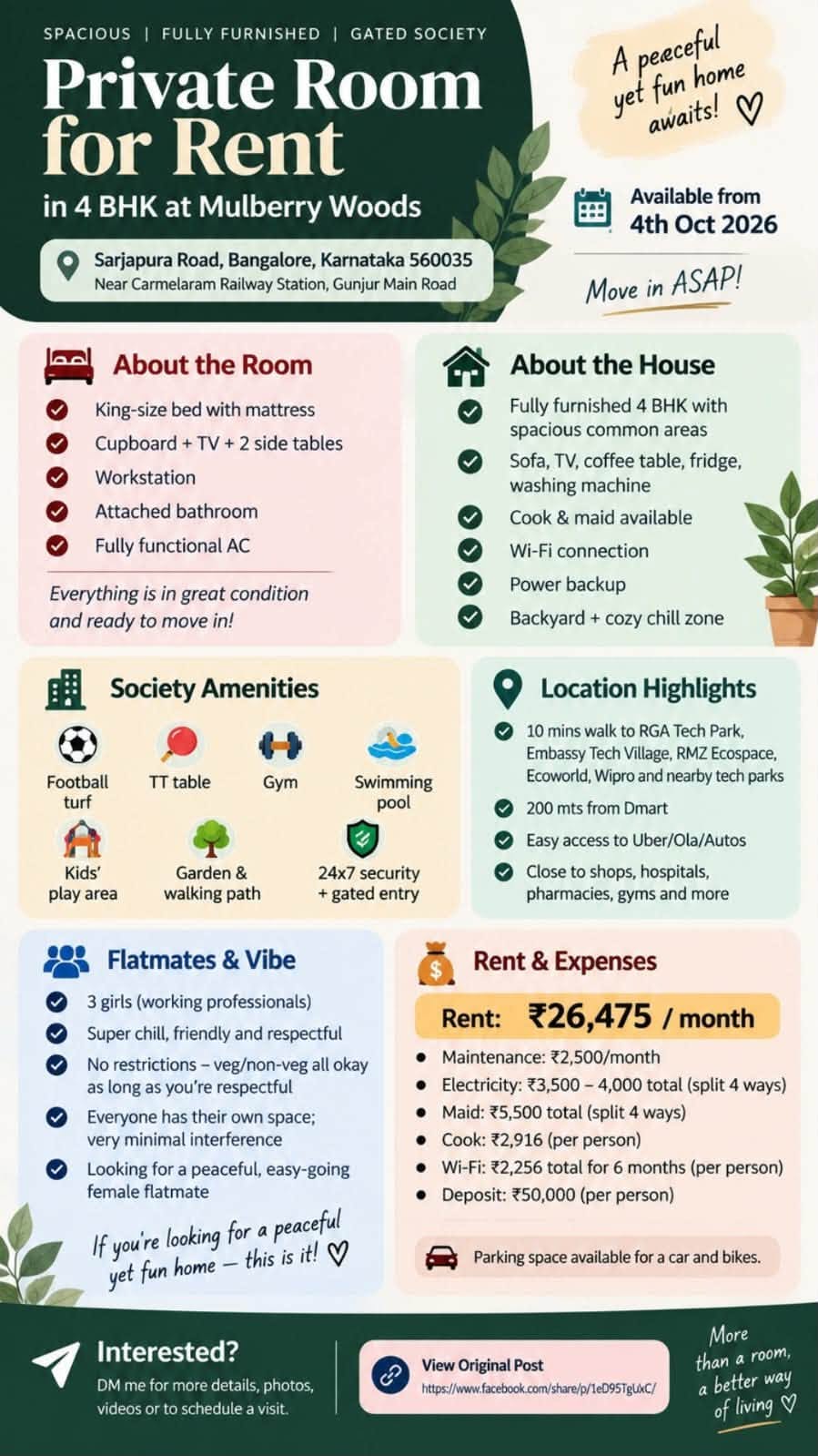 Room for rent in Mulberry Woods Sarjapura Road