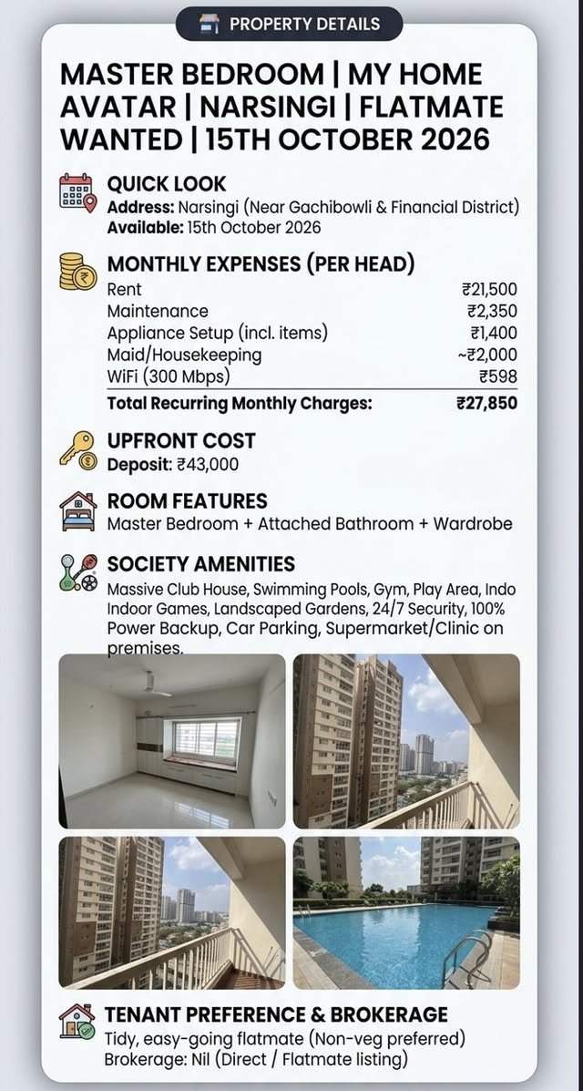 Room for rent in My Home Avatar Narsingi